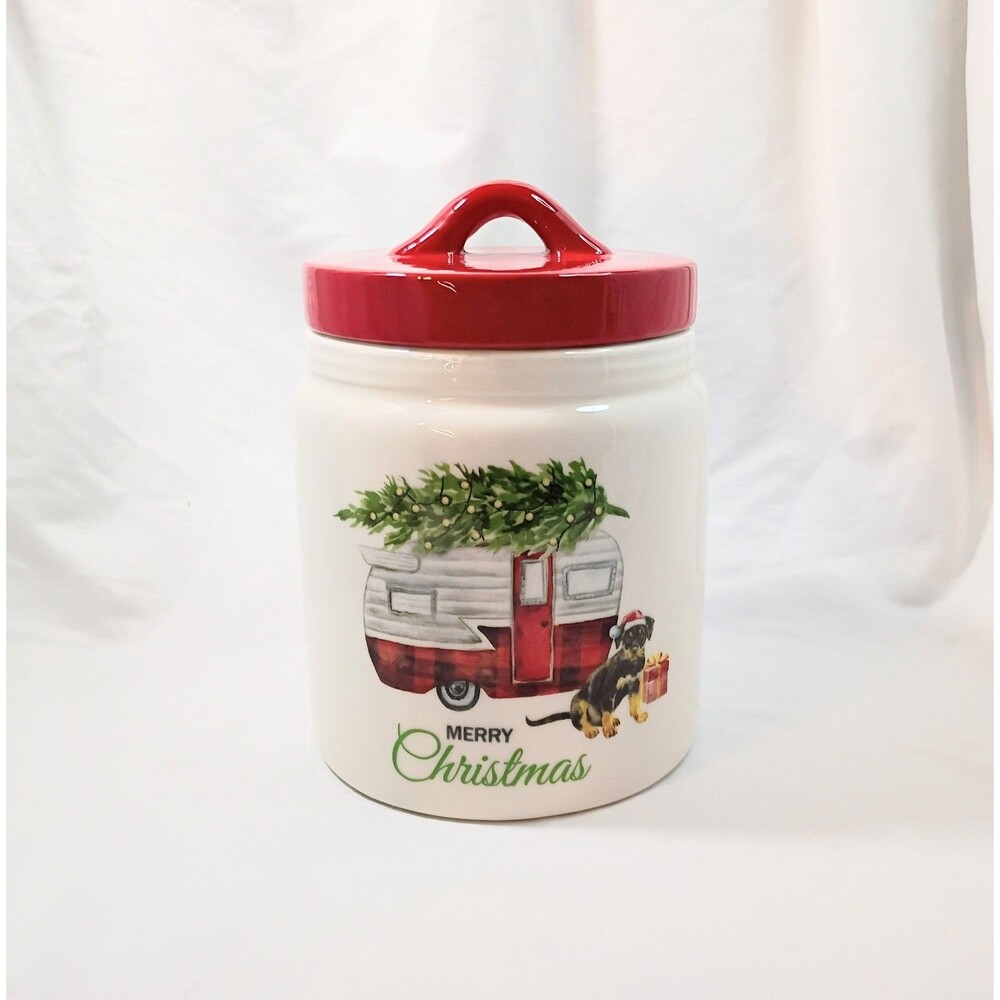Merry Christmas Cookie Jar/Canister With Red And White Camper And Dog